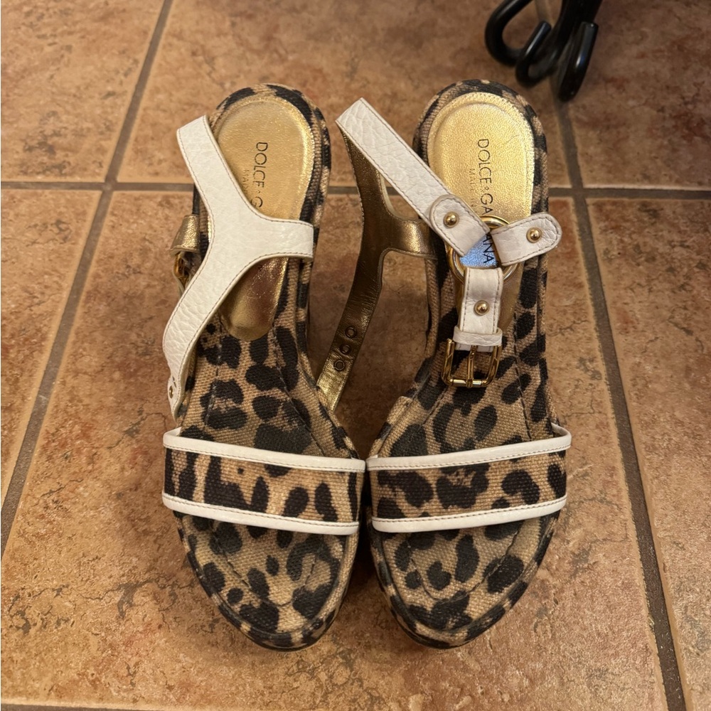 DOLCE & GABBANA, printed canvas, leopard wedges, sandals